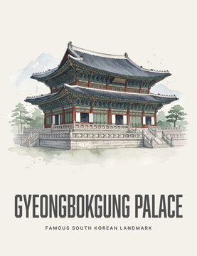 Gyeongbokgung Palace Watercolor Style Vector Poster of Famous South Korean Landmark