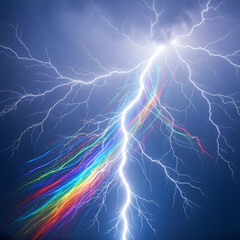 Fototapeta premium Climate change and extreme weather, lightning strike with rainbow light refraction in dark storm clouds during a powerful atmospheric electrical event
