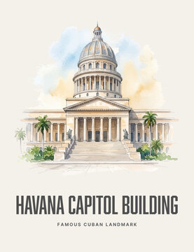 Havana Capitol Building Watercolor Style Vector Landmark Poster Art of Cuba