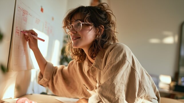 National Mammography Day: wide banner photograph of a woman in a cozy bright home office marking a date on a wall calendar with a pink marker, small pink ribbon on the desk