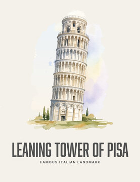 Leaning Tower of Pisa Watercolor Style Vector Poster of Famous Italian Landmark
