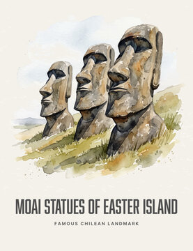 Moai Statues of Easter Island Watercolor Style Landmark Vector Poster Art