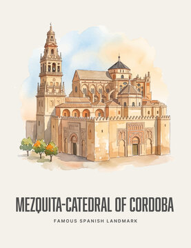 Mezquita-Catedral of Cordoba Watercolor Style Poster of Famous Spanish Landmark