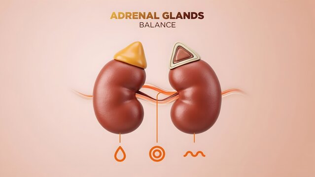 Medical illustration of human adrenal glands and kidneys showing