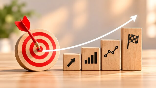 Wooden blocks with growing financial charts and a red dart hitting a target bullseye symbolizing business success strategic progress and goal achievement.