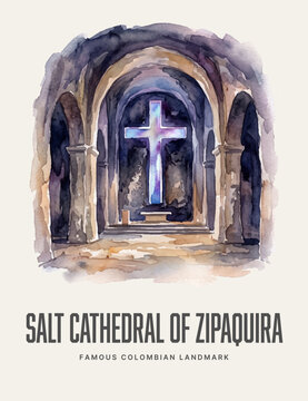 Salt Cathedral of Zipaquira Watercolor Style Landmark Poster Art