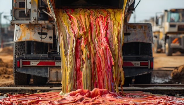 Vivid Concrete Pouring from Cement Mixer Truck Chute into Construction Form, Wet Fluid Texture, Industrial Building Site, Engineering Work and Documentary Photography