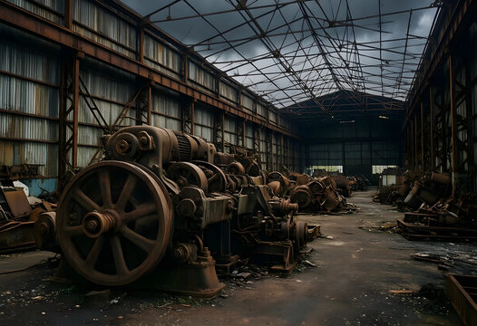Industrial decline and economic recession, abandoned factory with rusted machinery and decaying infrastructure in a derelict manufacturing warehouse
