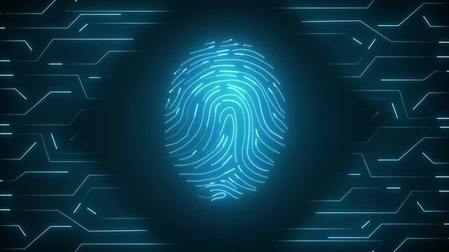 Fingerprint animation integrates electronic circuit tracks across dark. Biometric identity authentication data confirms on fingerprint. Consoles use fingerprint.