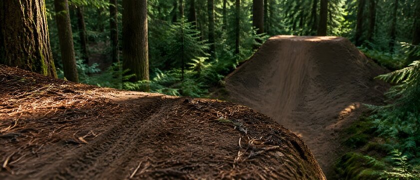 BMX dirt jump gap between two packed loam mounds tyre groove running to landing