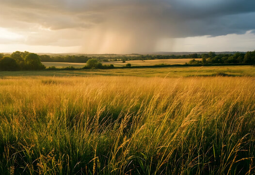 Climate change and weather patterns, rain shower over golden meadow at sunset with dramatic storm clouds and rural landscape in the countryside