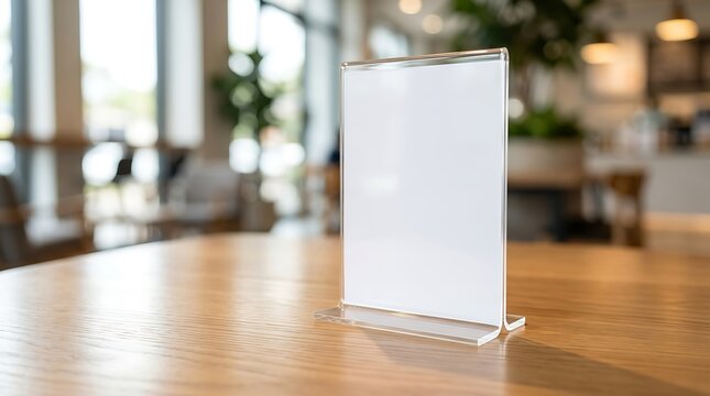Empty acrylic sign holder on a wooden table in a cafe