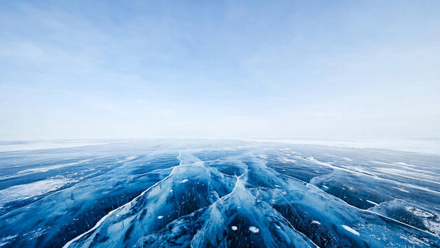 Frozen lake ice cracks under winter sky | copy space