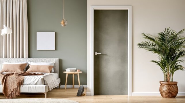 Cozy modern bedroom interior with green accent wall, bedside stool and potted palm for interior design, lifestyle and relaxing room background