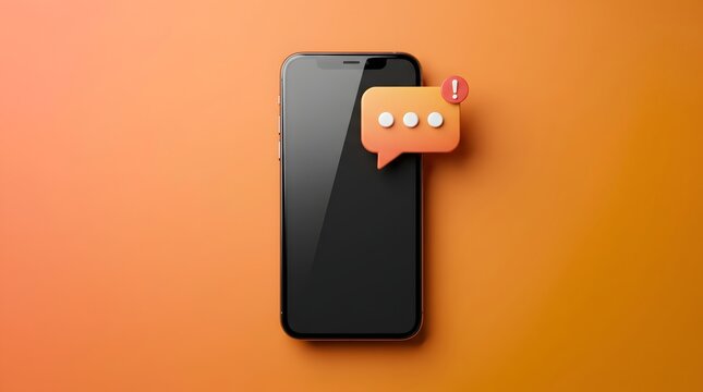Modern smartphone with incoming chat notification bubble and alert symbol against orange background