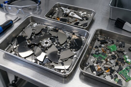 Shattered hard drive platters and circuits in separate metal trays