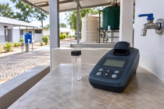 Portable water testing meter with an empty square cuvette beside a tap