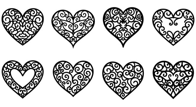 Intricate heart shapes with swirling filigree black vector illustration on white background