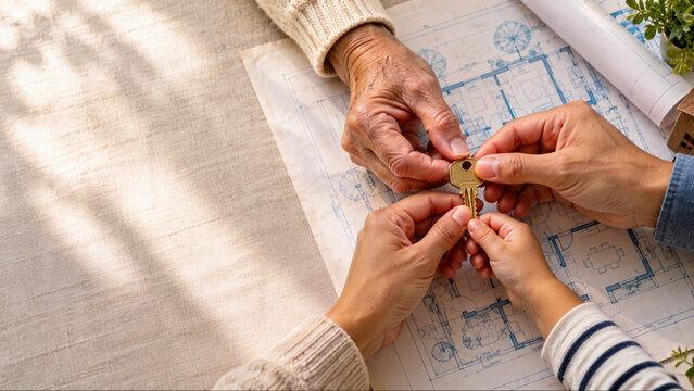 Close-up of senior adult and child hands holding a house key together over an architectural floor plan blueprint with copy space on the table