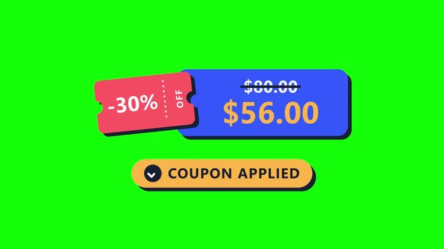 Animated coupon applied element with red 30 percent off ticket, blue price tag reduced from 80 to 56 dollars, and orange label. Flat cartoon UI on green screen, black, white versions.