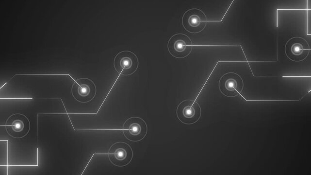 Circuit lines animation displays concentric circular rings across dark. Electronic hardware processor data routes on circuit lines. Consoles operate with lines.