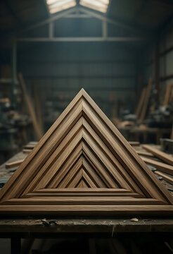 Craftsmanship and precision woodworking, triangular wooden frame construction with miter joints on a workbench in a carpentry workshop interior