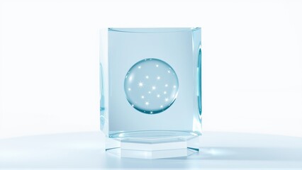 Fototapeta premium Glass cube contains glowing stars. Minimalist design, clean aesthetic, bright illumination, simple geometry, modern presentation.
