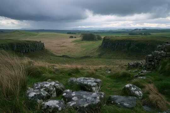 Rugged landscape with rolling hills and stormy sky