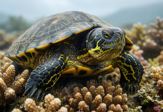 Biodiversity and marine conservation, freshwater turtle resting on coral reef in natural habitat with focus on wildlife protection and aquatic ecosystem