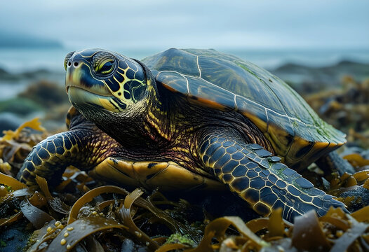 Marine conservation and biodiversity, green sea turtle resting on seaweed at the ocean shore with natural light and coastal environment in the wild