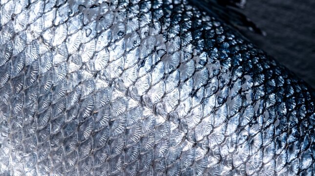 Macro Wet Silver and Blue Salmon Fish Scales Texture