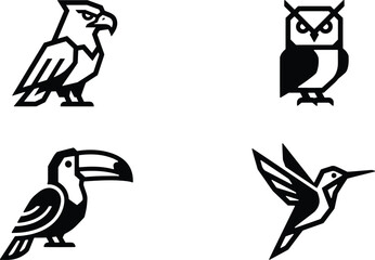 Fototapeta premium A set of four minimalist black and white bird icons featuring an eagle an owl a toucan and hummingbird
