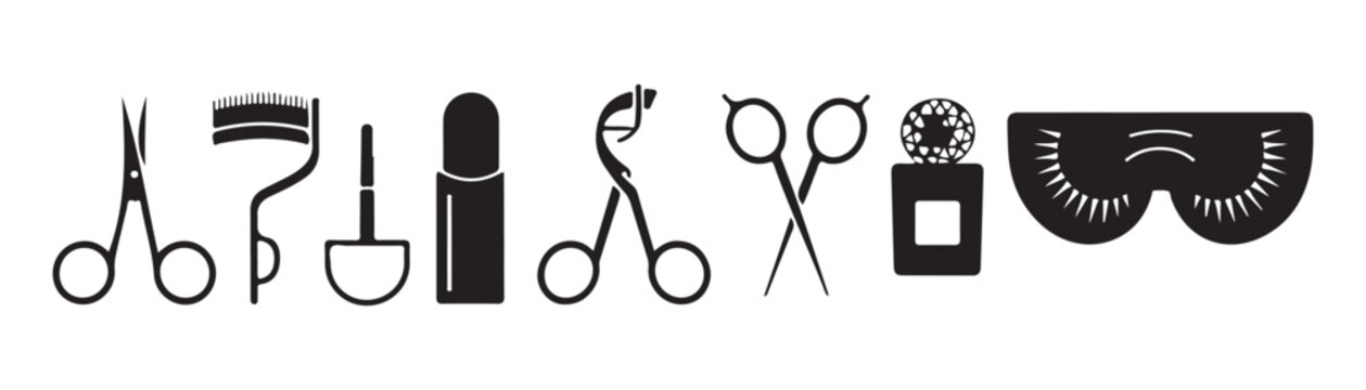 Cosmetic and makeup accessories vector black silhouettes line art for professional beauty branding.
