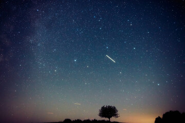 Fototapeta premium Summer Milky Way stars and landscape scenery silhouettes.