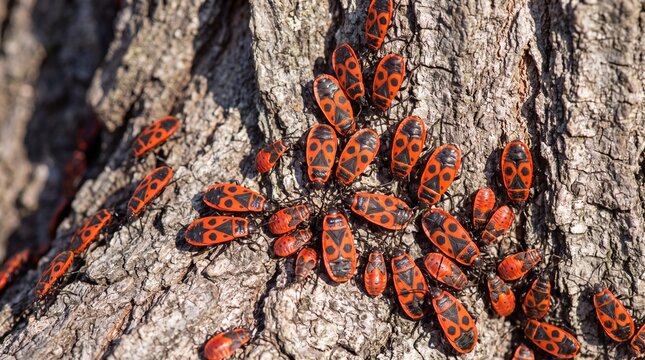Cluster of Red and Black Firebugs Gathering on Sunny Tree Base