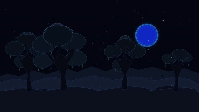 Pixel art night landscape animation loop with moon and trees