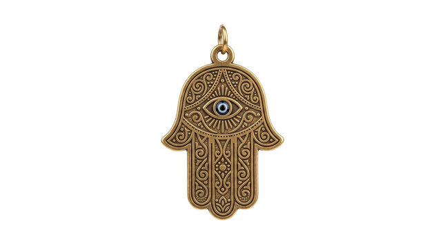 Vintage brass hamsa hand pendant, ornate hand of fatima evil eye charm, traditional metal spiritual amulet jewelry isolated PNG with Transparent Background