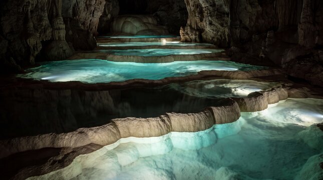 Terraced Rimstone Dam Pools Filled With Turquoise Water Inside Cave