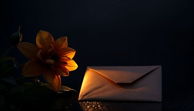 Flower and envelope illuminated by warm light in darkness