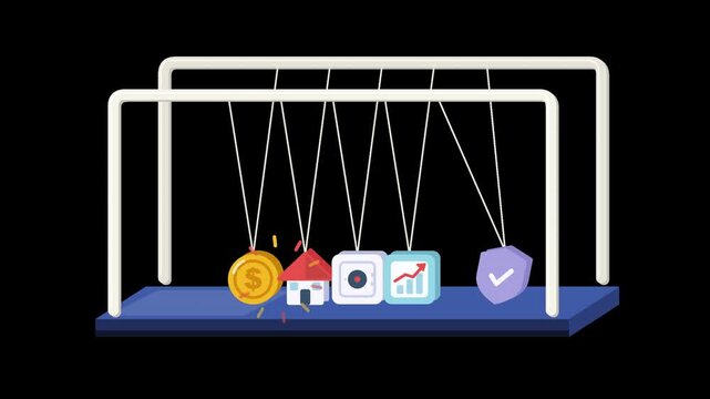 Newton's cradle with coin, house, safe, chart and shield swinging, chain reaction and financial risk concept, animation