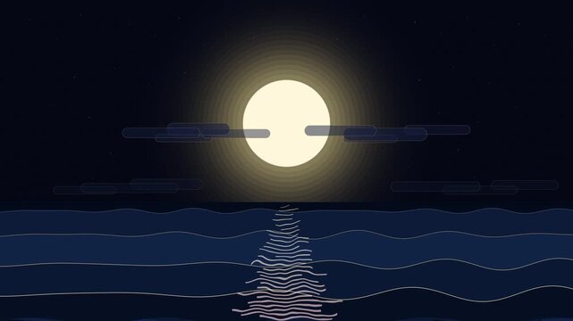 pixel art night sea loop with glowing full moon and waves