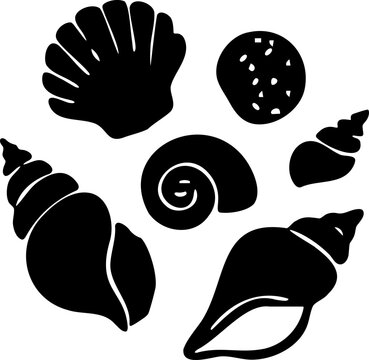 Seashell silhouettes vector icon  featuring diverse ocean shells clams starfish coral and oyster marine elements for nautical graphic design