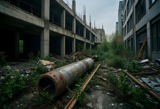 Urban decay and industrial decline, abandoned construction site with rusted metal pipes and overgrown vegetation in a derelict city development project