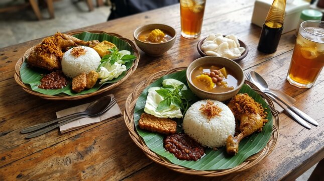 Indonesian nasi ayam goreng kremes set with tempeh lalapan sambal and sayur asam on wooden table