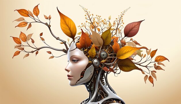Futuristic female cyborg portrait with autumn leaves and botanical branches