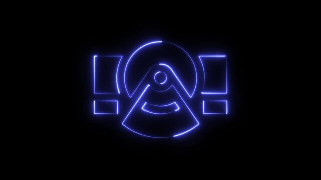 Glowing blue neon outline icon of a hard disk drive symbol on a black background