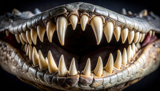 The maw and teeth of a large dragon. Reptile. The animal's row of teeth and fangs. The gaping maw of a crocodile