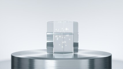 Fototapeta premium Crystal cube contains glowing stars. Silver base reflects light. Minimalist studio shot, clean background, elegant presentation.
