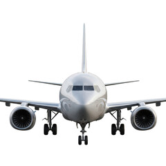 Front view of a modern passenger airplane with its engines and landing gear visible, ready for takeoff or landing, ideal for aviation and travel themes. © Manju