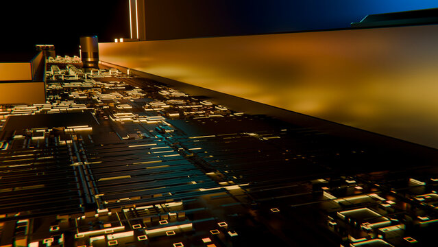 Close-up of computer motherboard circuit board with glowing components